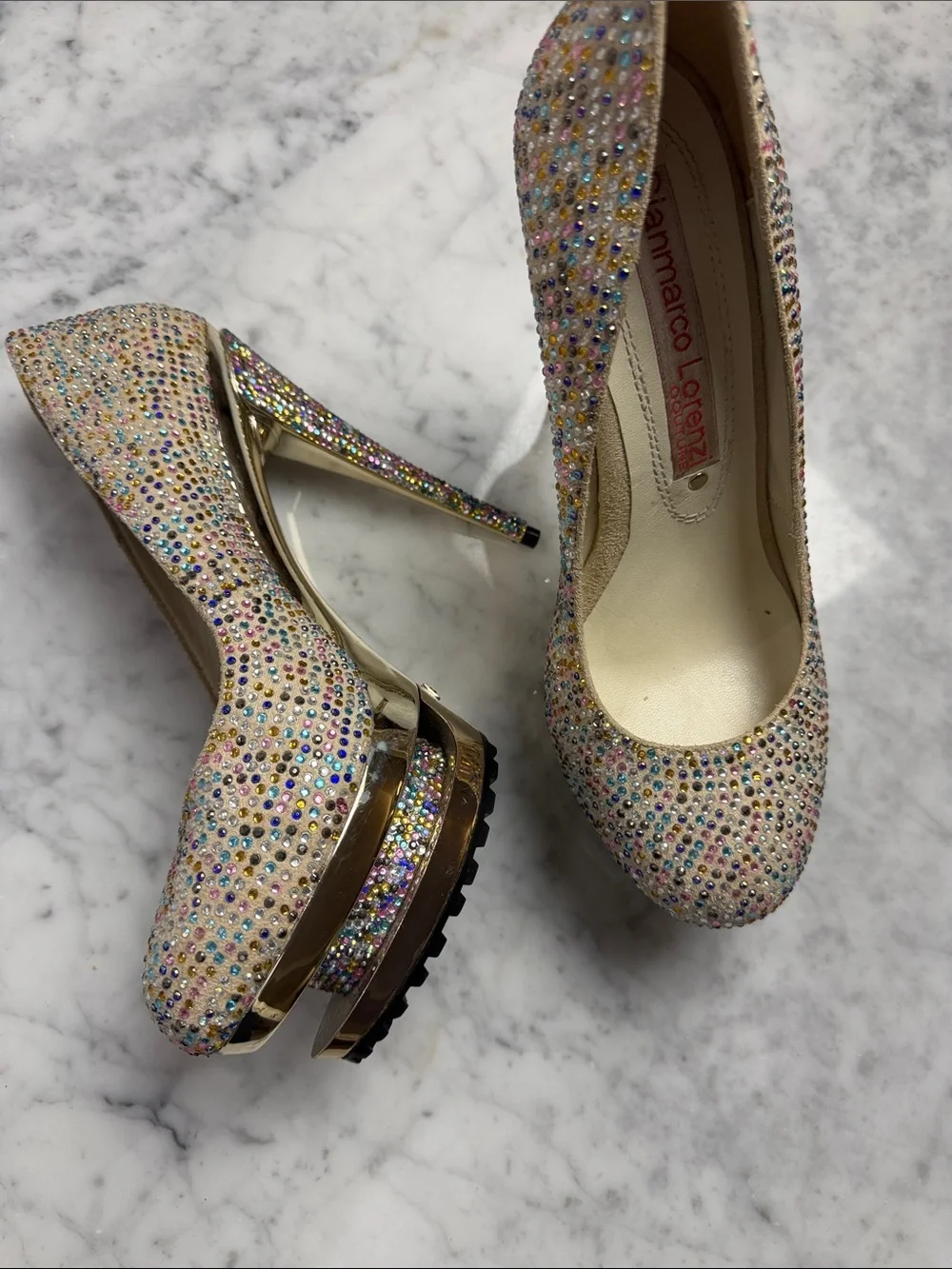 Gianmarco Lorenzi Discoball Gold Swarovski Crystal Platform Stiletto Size 11